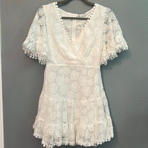 Alaia Short Fluted Sleeve Crochet Lace Dress White from Selfie Leslie